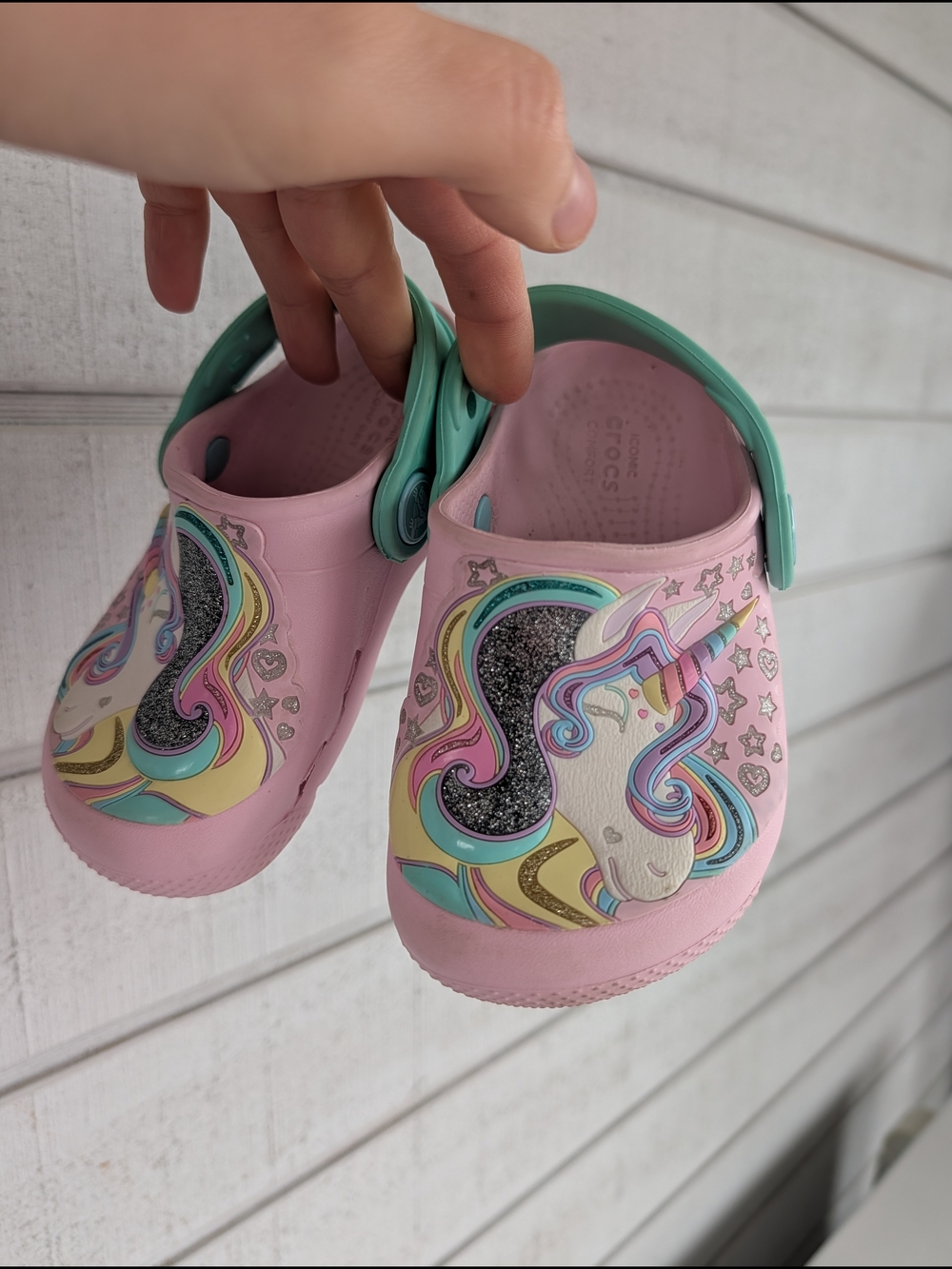 CROCS Pink Unicorn Clogs with Mint Heel Strap